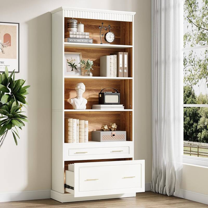 72" Tall White 5-shelf Bookcase Bookshelf with 2 Drawers