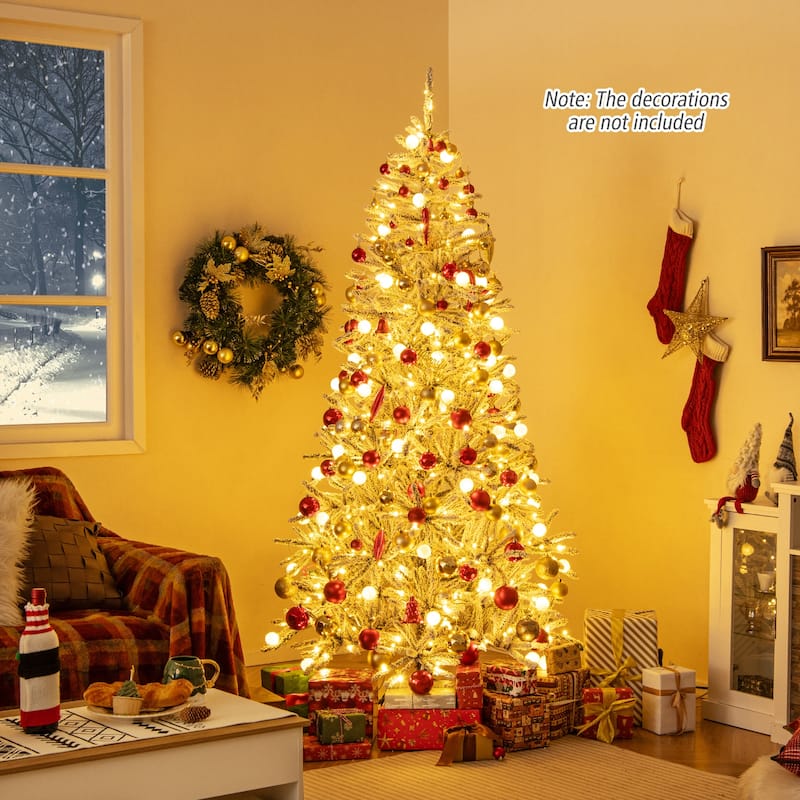 Gymax 6/7/8 FT Snow-flocked Artificial Christmas Tree w/51/65/81 - Green+White