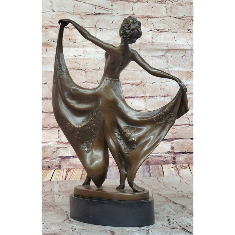 Art Deco Bronze Dancer With Flowing Drapery On Marble Base Signed Original Cesaro
