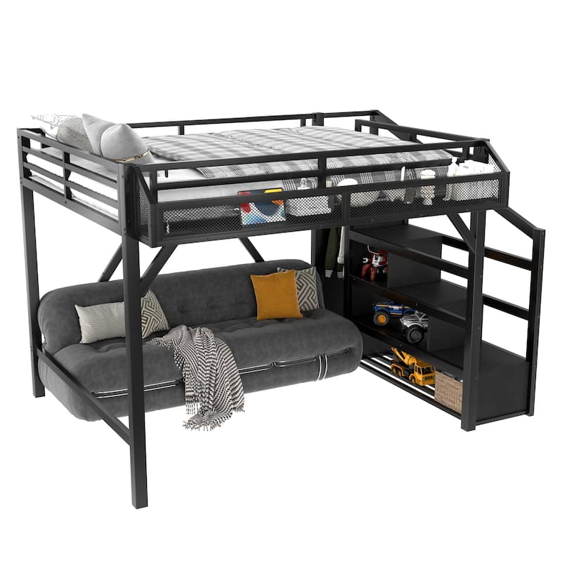 Queen Loft Bed with Storage Stairs, Shelves and Built-in Wardrobe, Metal Loft Bed Frame with USB Ports and LED Lights