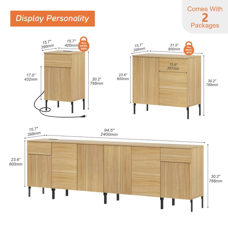 94.5" Modern Reeded 4-Door Sideboard With Charging, 4-In-1 Wooden Credenza Storage Cabinet
