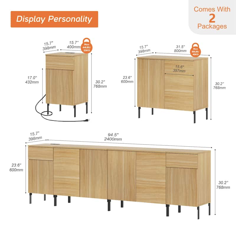 94.5" Modern Reeded Dresser TV Stand For Tvs Up To 100 Inch, Entertainment Center With Charging Station