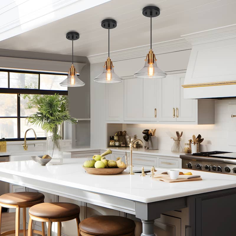 Modern Farmhouse 1-Light Black Gold Kitchen Island Pendant Light with Grey Glass - 8.5"Dia