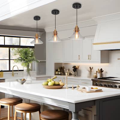 Modern Farmhouse 1-Light Black Gold Kitchen Island Pendant Light with Grey Glass - 8.5"Dia