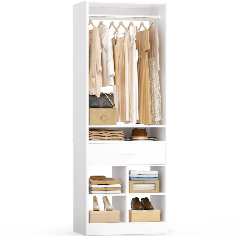 24.5'' W Freestanding Closet System with Wood Drawer and 5 Open Storage Shelves and Hanging Rods, - White