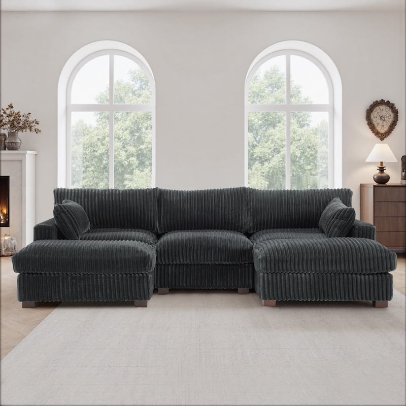 Modern Oversized Plush Corduroy Modular Sectional Sofa with 2 Ottomans