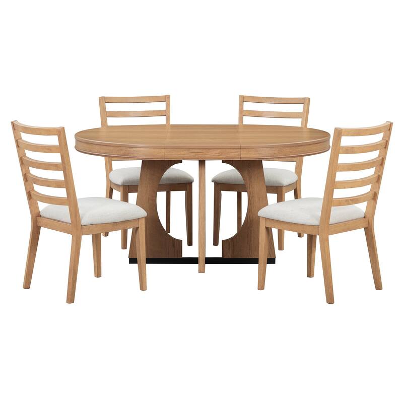5-Piece Round Extendable Dining Table Set with Removable Leaf, 4 Chair