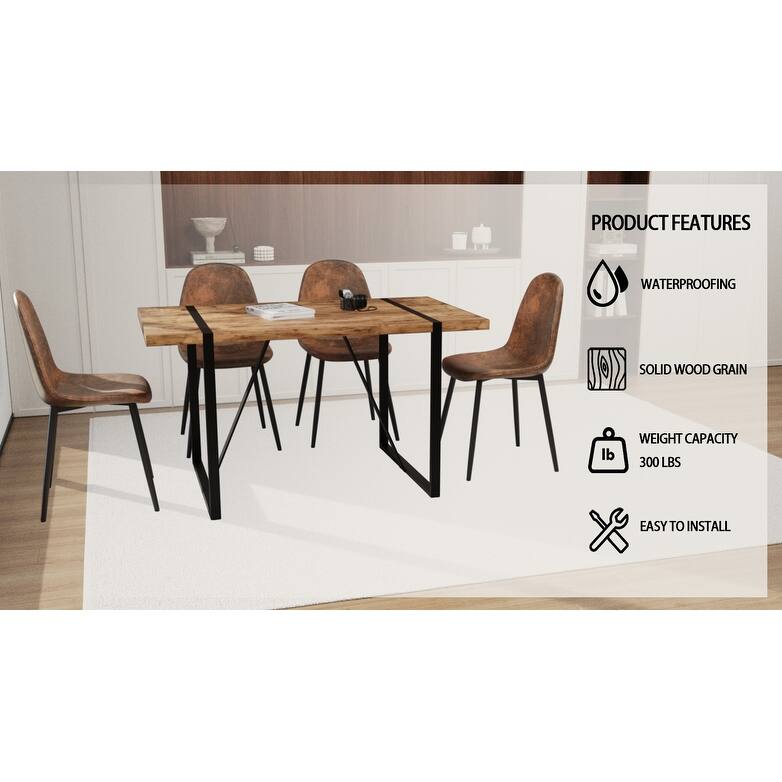 MDF dark wood dining table and modern dining chair 4-piece set, medieval wooden kitchen dining table set, rectangular metal base