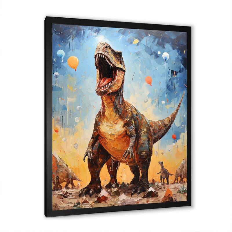 Designart "Pop Art Dino Explosion" Dinosaur Wall Decor Grey - Modern Hallway Framed Wall Art Decor