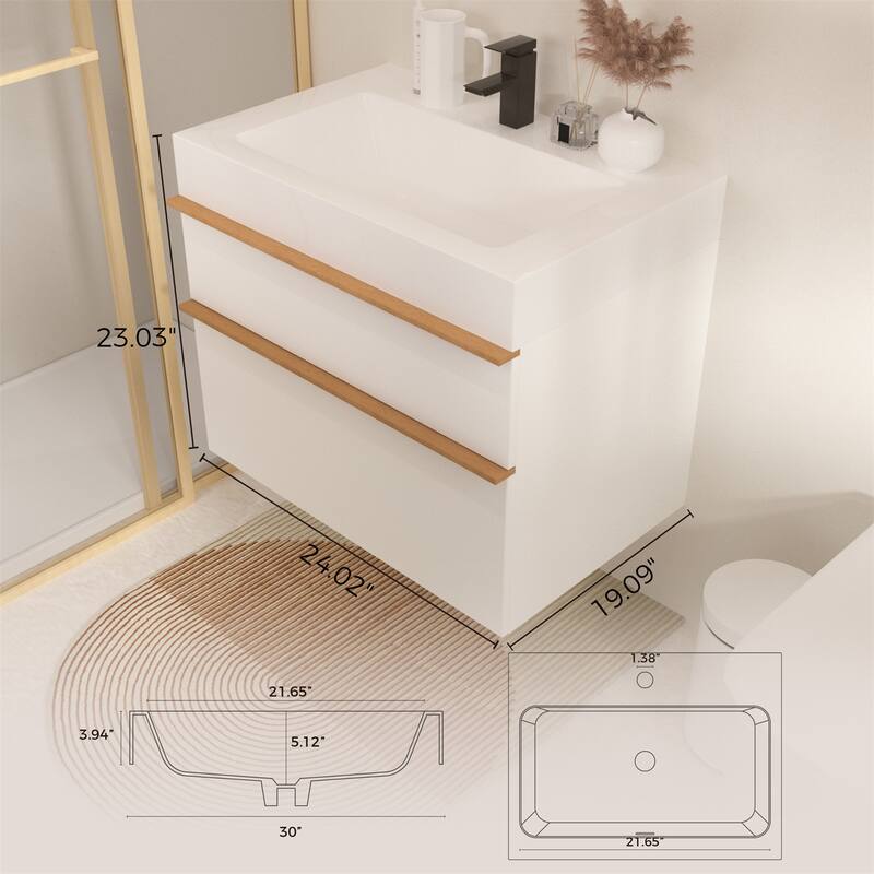 24" Wall Mounted Bathroom Vanity with Integrated Acrylic Sink, 2 Soft-Close Drawers