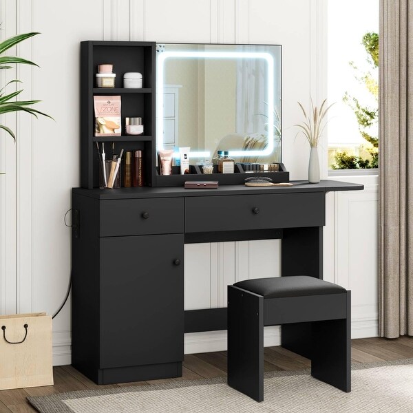 Brown Vanity Desk with LED Lighted Mirror Power Outlet Makeup Vanity with Drawers Cabinet Chair On Sale Bed Bath Beyond 41582564
