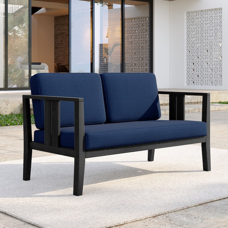 Casual Teak Wood Outdoor Patio Loveseat with Cushions - Dark Wood - Navy
