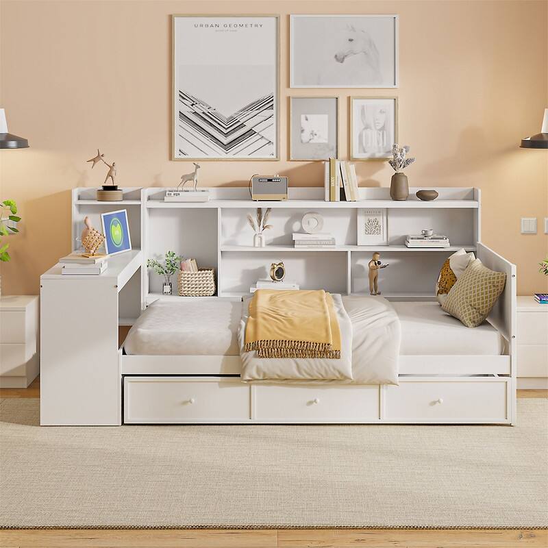 Twin/Full Daybed with 3 Storage Drawers and Bedside Desk, Wooden Day Bedframe Sofa Bed with Storage Shelves and USB Ports