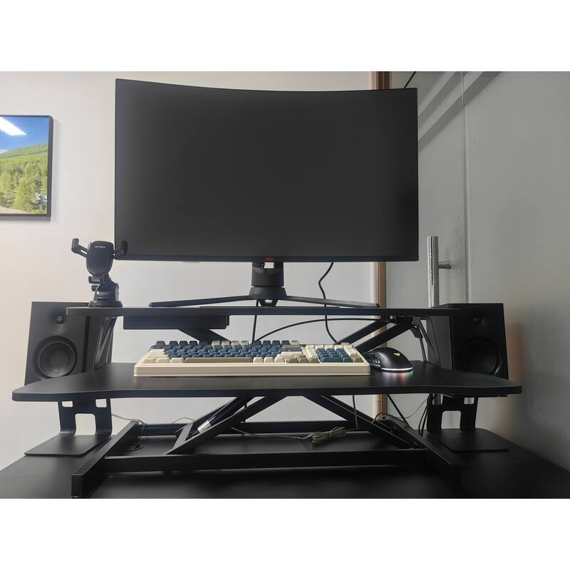 Anmytek 32 Inch Height Adjustable Standing Desk Converter Dual Monitor Laptop Workstation Wide Keyboard Tray