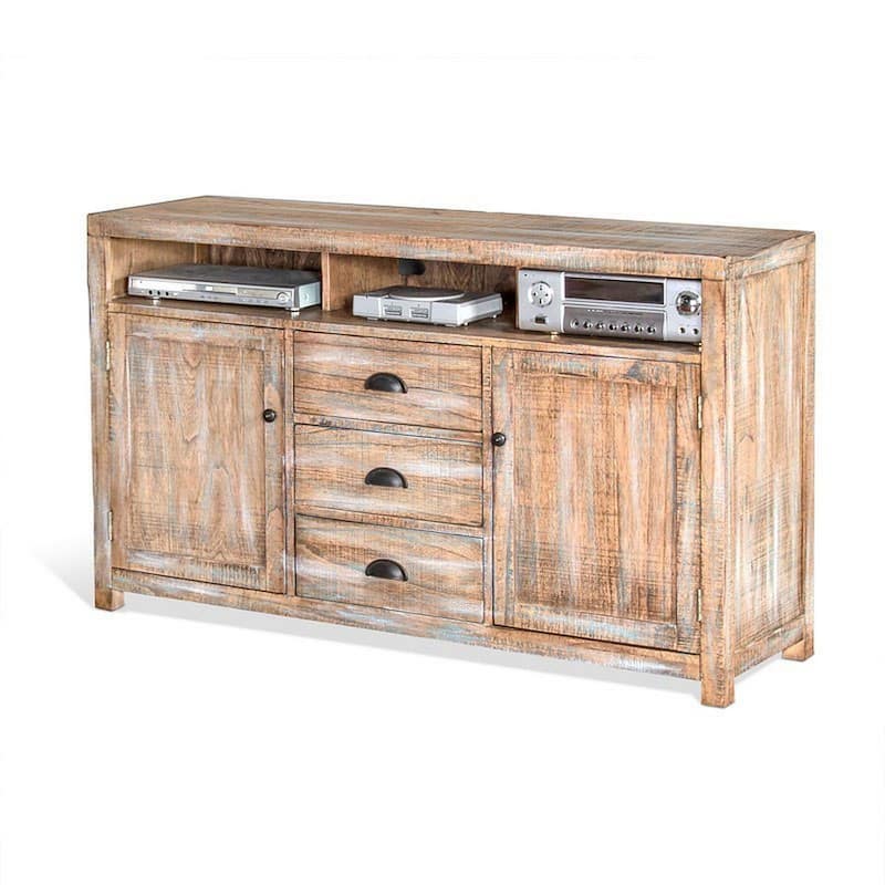 Rany TV Console, 60Wx36H Light Brown Mahogany, 5 Shelves, 3 Drawers