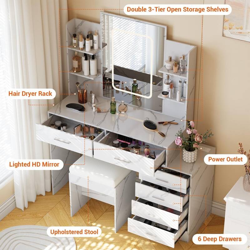 Makeup Vanity with Mirror, 6 Drawers, Shelves, Charging Ports, Hairdryer Holder, Stool