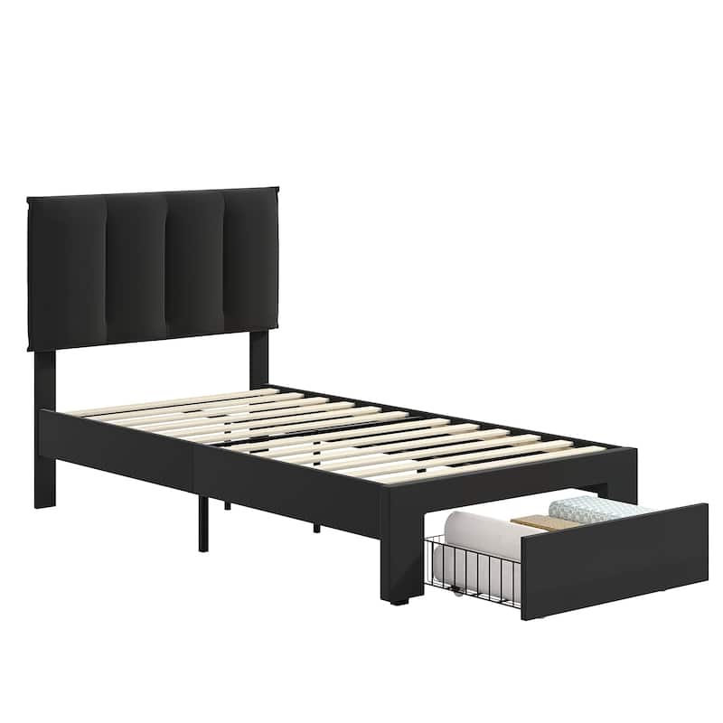 Javlergo Bed Frame with Storage Drawers, Upholstered Platform Bed Frame with Adjustable Headboard