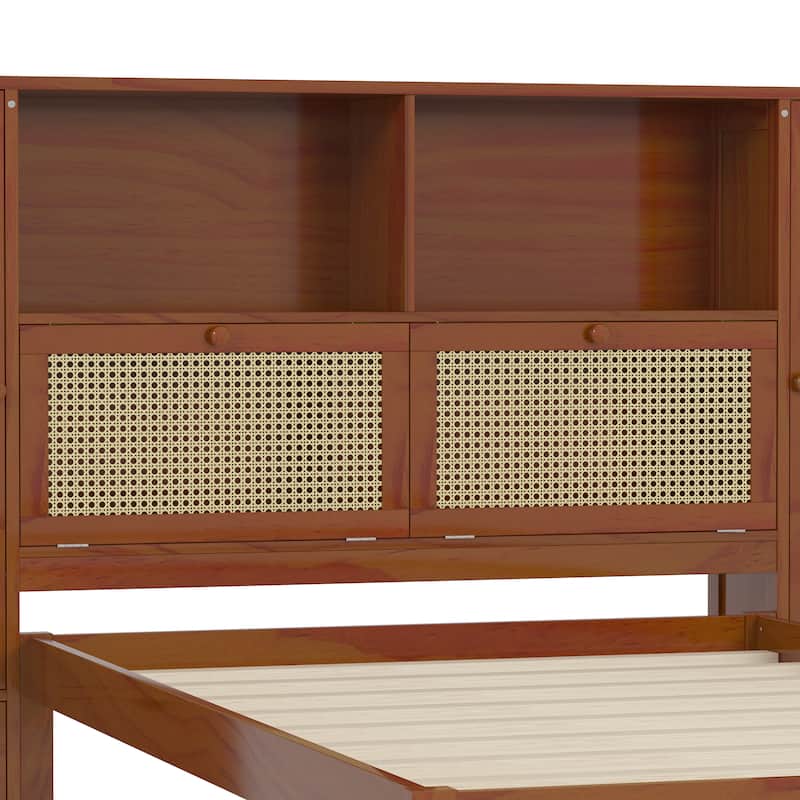 Twin Size Wooden Bed w/ 2 Storage Lockers, Drawer & Storage Shelf on Headboard, Multifunctional Platform Bed, Walnut