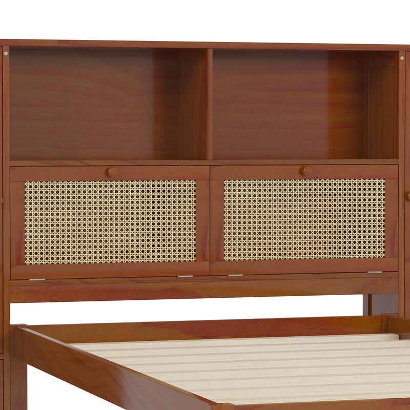 Twin Size Wooden Bed with Integrated Storage Headboard, Versatile Platform Bed Frame with Natural Rattan, Wood Slats Support