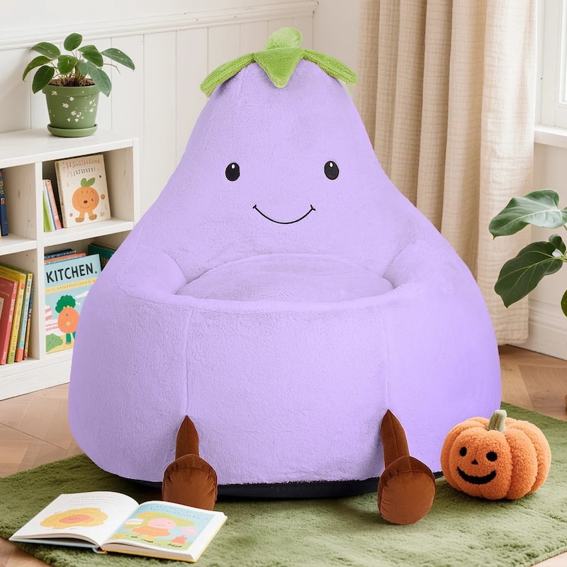 Kids Eggplant Bean Bag Chair and Crash Pad Lounger Seat for Gaming, Reading and Watching TV for Toddlers and Children's Rooms - Purple - Large