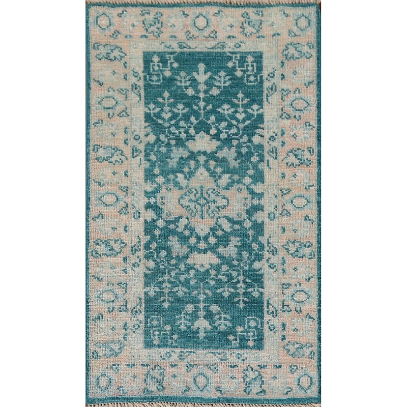 Vegetable Dye Green Oushak Turkish Area Rug Hand-Knotted Wool Carpet - 2'1"x 3'11"
