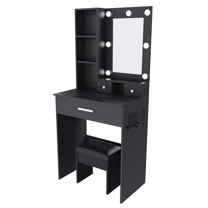 Vanity Desk with Mirror & LED Lights, Makeup Table with Power Outlet, Hairdryer Holder & Stool, Compact Dressing Table Set