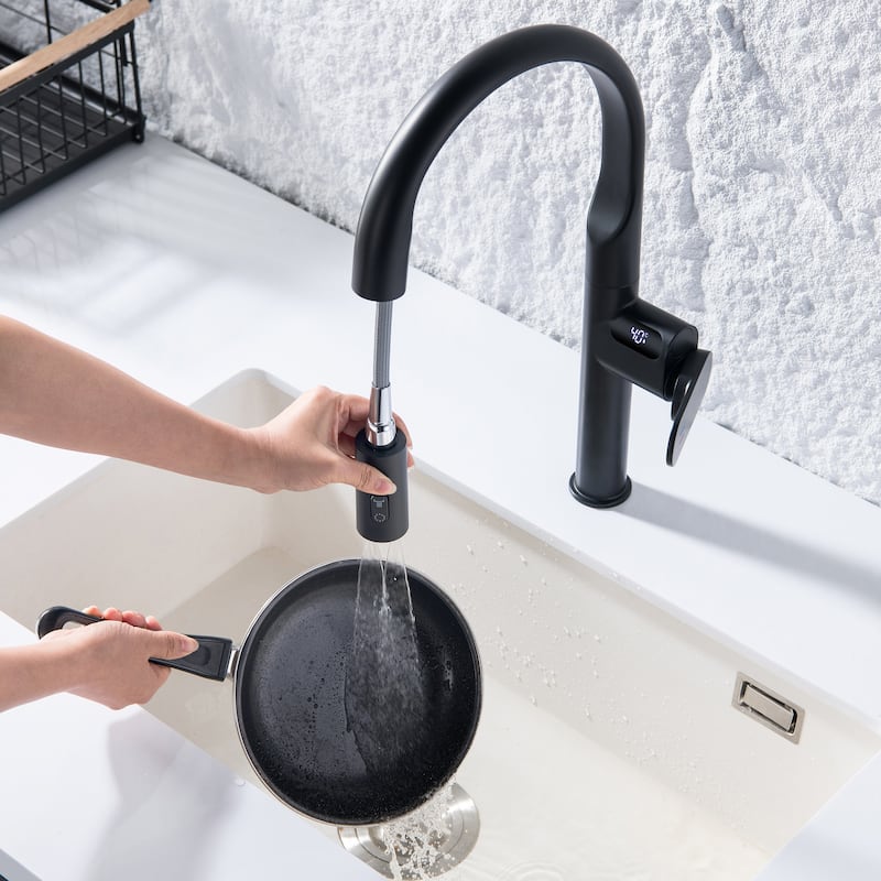 Kitchen Sink Faucet with Pull Down Sprayer, 18.46"H Commercial Kitchen Faucet for Sink, Solid Brass Digital Display