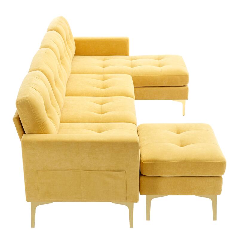 110" L-Shape Convertible Sofa with Ottoman, Yellow Velvet