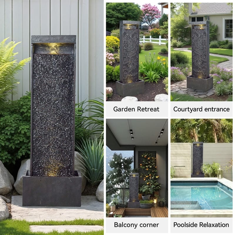 Vbal Modern Minimalist Water Curtain Outdoor Fountain with Base and LED Lights