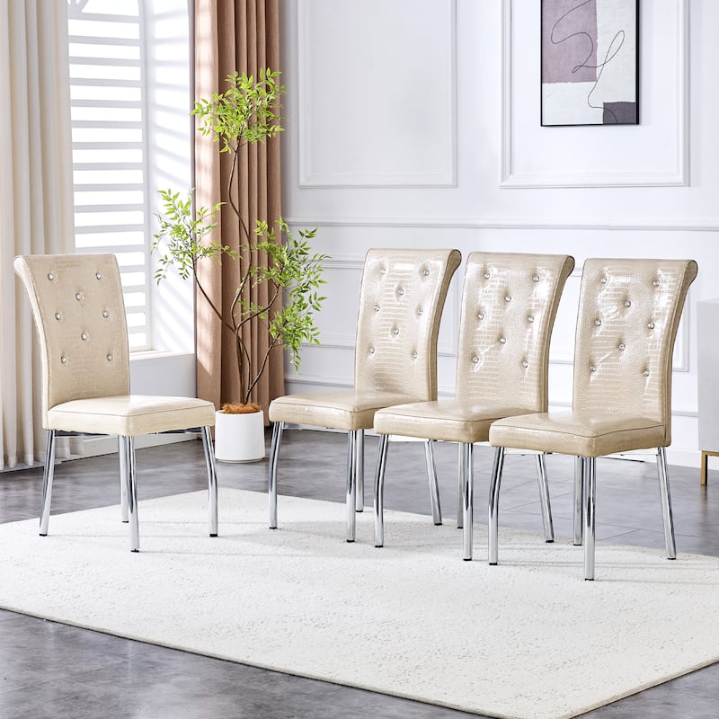 A set of 4 white and black vintage crocodile leather cushioned dining chairs, featuring crystal clasp design and leather - Beige,Silver