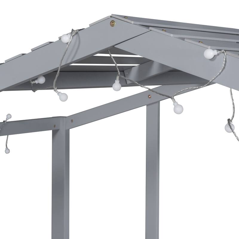 Twin Loft Bed with Slide, Ladder, Blackboard, and Roof Light Strip, Gray