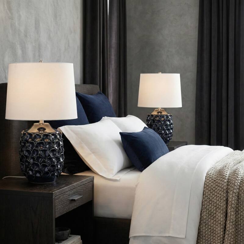 Decorative Textured Ceramic Table Lamp - 25", White & Blue - 25.0"