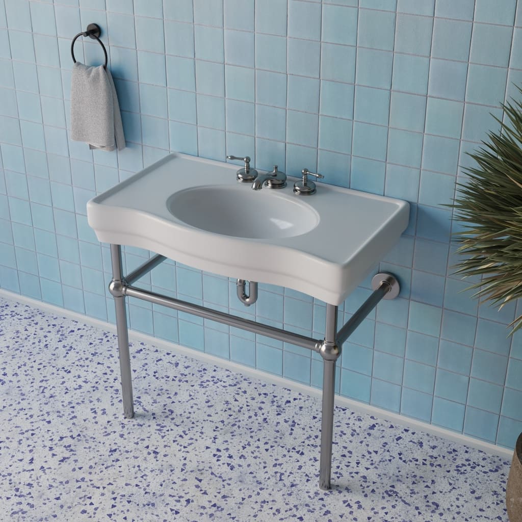 White Console Bathroom Sink 35.5" W Wall Mounted with Black Bistro Legs and Faucet Holes Renovators Supply