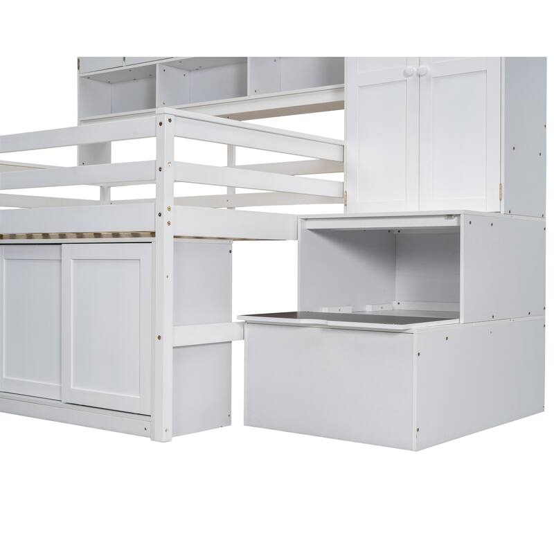 Full Size White Loft Bed with Storage, Desk, Drawers, and Shelves