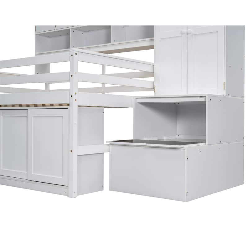 Wooden Loft Bed with Integrated Wardrobe, Under-bed Desk, Drawers, with Shelves
