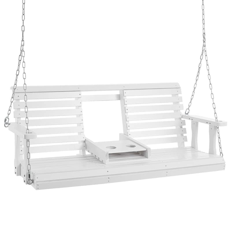 White Cedar Wood Porch Swing with Steel Chains and Cup Holder - 60” L x 28” W x 23.6” H
