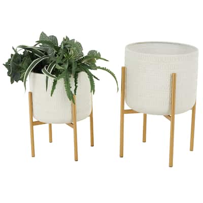 Metal Dome Indoor Outdoor Planter with Gold Stand - Set of 2 White - Roche River Decor