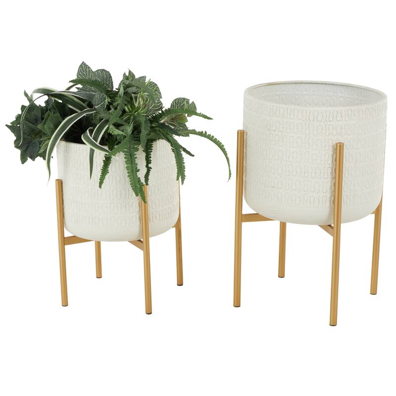 White Metal Dome Indoor Outdoor Planter with Gold Stand (Set of 2)