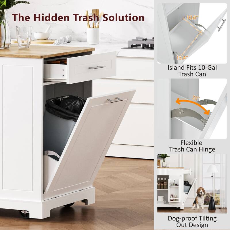 Mobile Kitchen Island with Trash Can Storage, Power Outlet, 3 Drawers, Open Shelves, 5 Wheels, Fluted Design