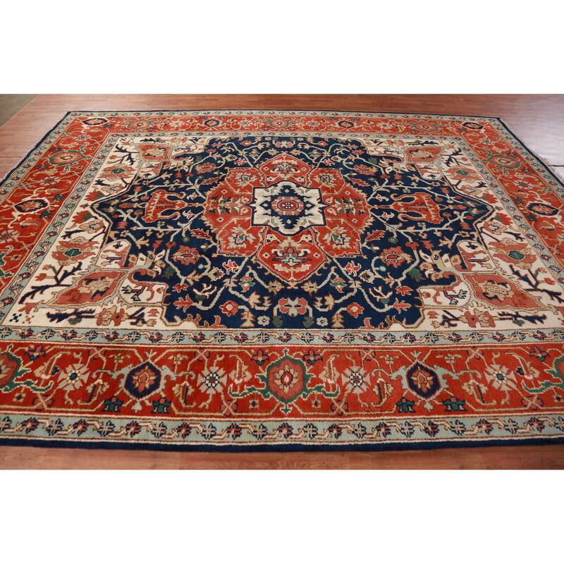 Hand Knotted Oriental 100% Wool Carpet Traditional Medallion Navy Blue & Blues Heriz (serapi) Area Rug - 11' 11'' X 9' 0''