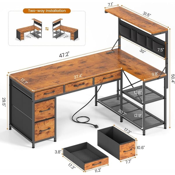 dimension image slide 0 of 10, L Shaped Computer Desk 5 fabric Drawers Gaming Desk Storage Shelf