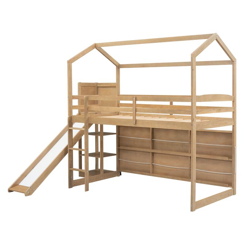Wooden Playhouse Loft Bed with Trundle, Slide, and Storage Shelves