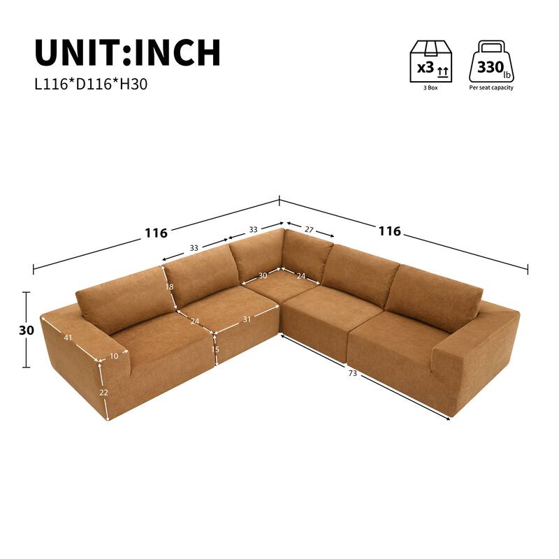 116"x116" Terrycloth Modular Sectional Sofa with 5-Piece L-Shaped Set, No Assembly