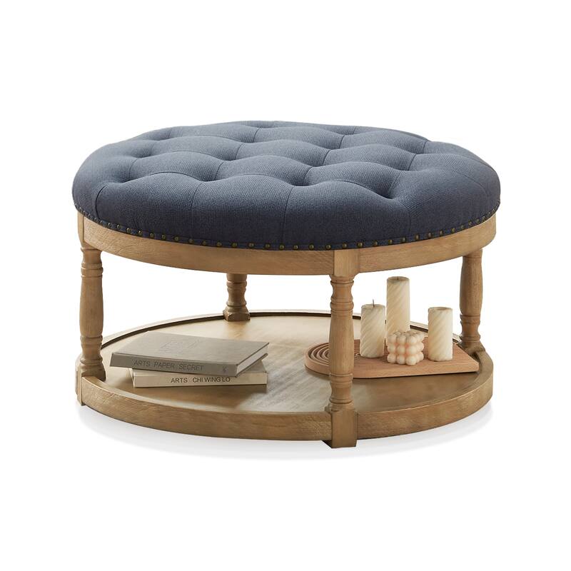 HUIMO 33in Round Upholstered Solid Wood Ottoman Coffee Table with Storage Shelf