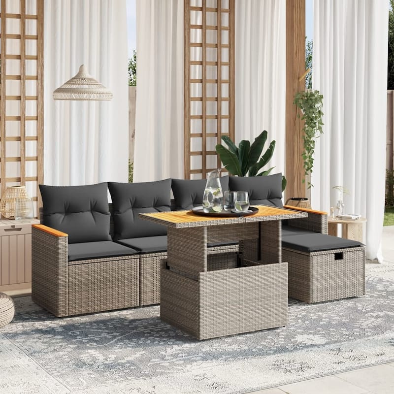 vidaXL Patio Sofa Set with Cushions Outdoor Furniture 6 Piece Poly Rattan - Grey-without storage - 21.7 x 39.4 x 28.7