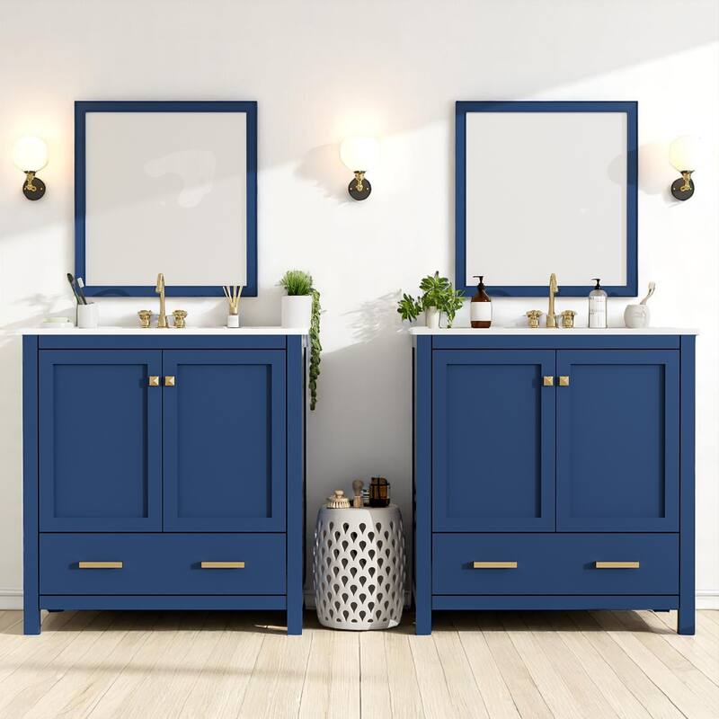 60 Inch Bathroom Vanity with Double Ceramic Sinks, Freestanding Cabinet with Ample Storage and Soft Closing Doors - Blue