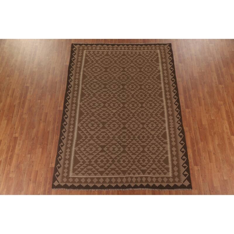 Hand Woven Oriental 100% Wool Carpet Southwestern Geometric Brown Kilim Area Rug - 9' 4'' X 6' 8''