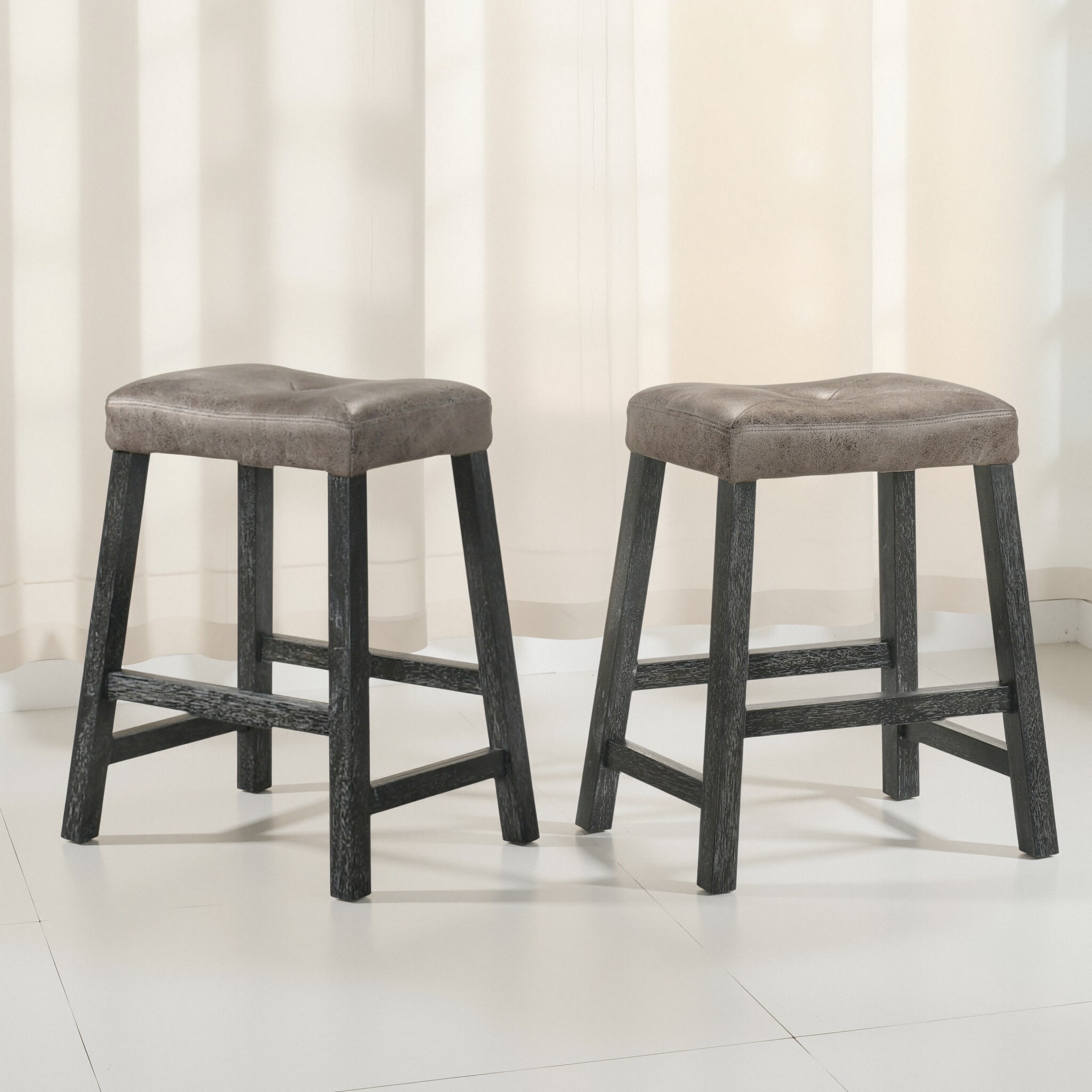 2-Piece 25" Rustic Backless Wooden Bar Stool-Leather Seat, Distressed Finish, Sturdy Frame, Space-Saving Counter-Height Seating
