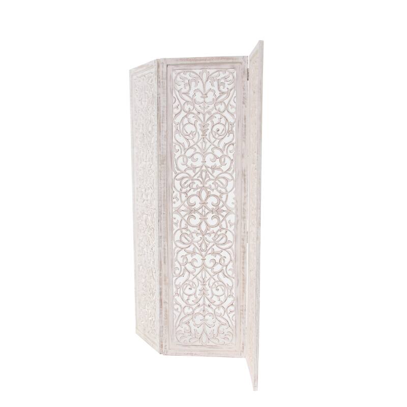 White Wooden Handmade Hinged Foldable Partition 3 Panel Floral Partition Room Divider Screen with Intricate Carved Design