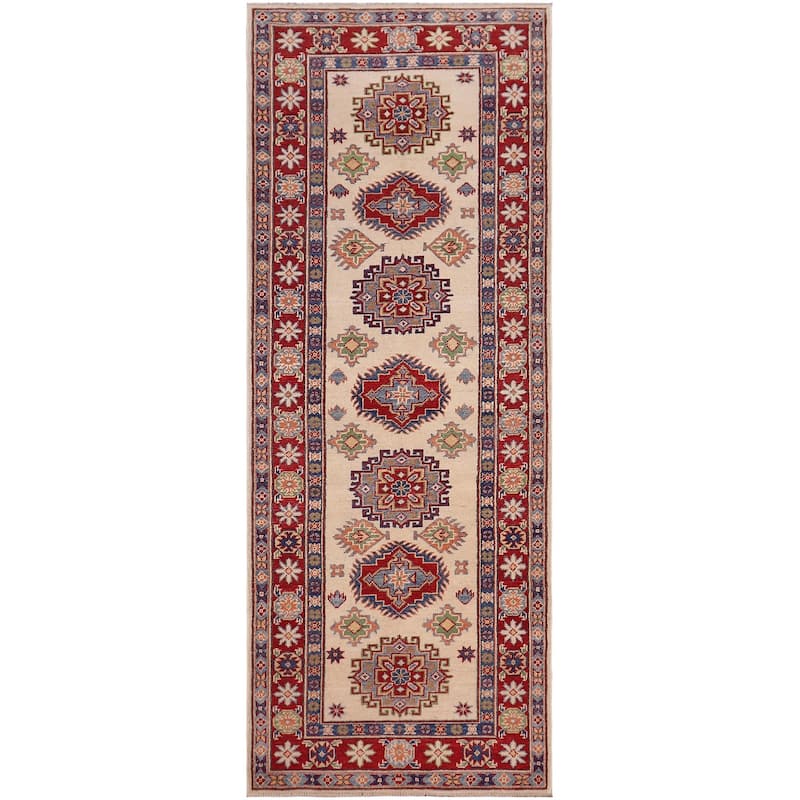 Tribal Kazak Dante Beige/Red Wool Runner - 2'8'' x 8'0''